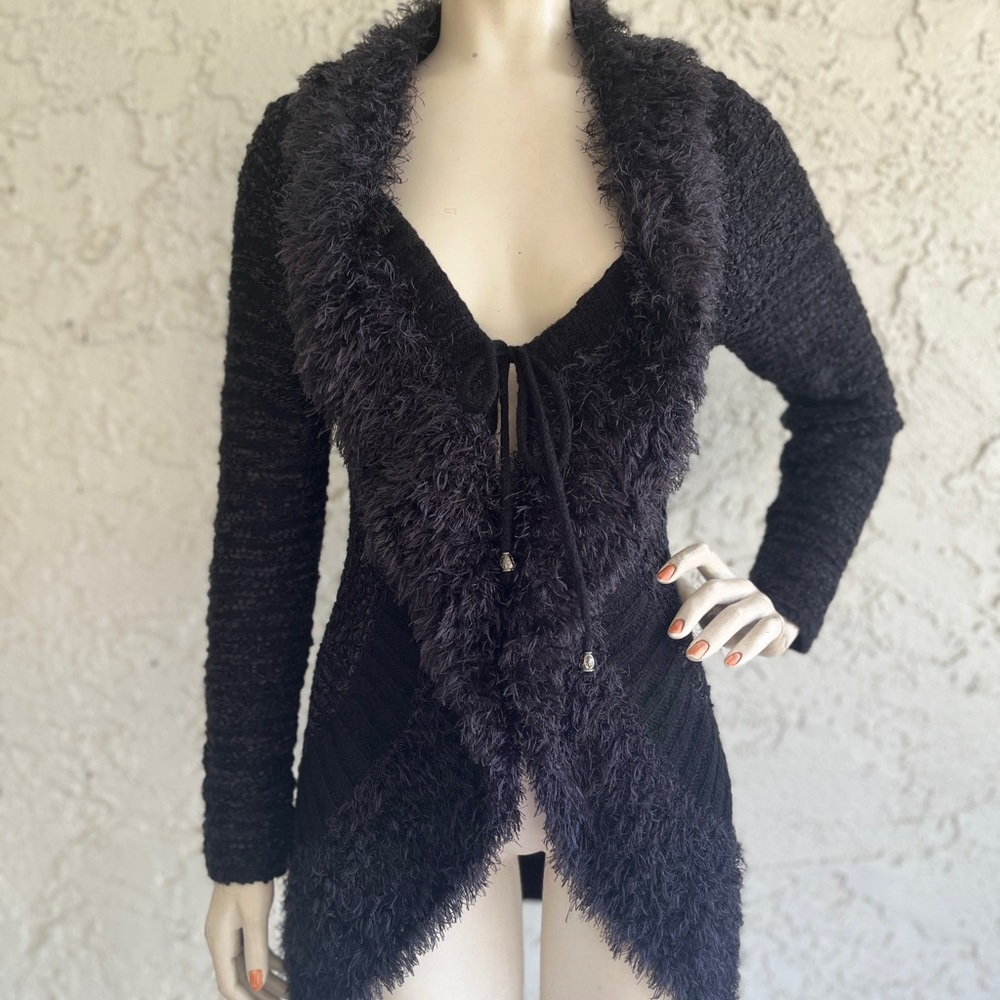 ALBERTO MAKALI Black Faux Fur Sweater Long Sleeve Cardigan Size M
